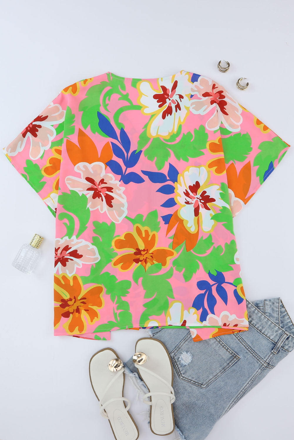 Floral Print Loose Fit V Neck Tunic Blouse