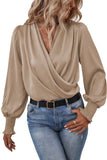 Solid Surplice Neck Shirred Cuffs Draped Blouse