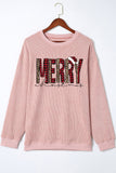 Pink Solid Ribbed Knit Round Neck Pullover Sweatshirt