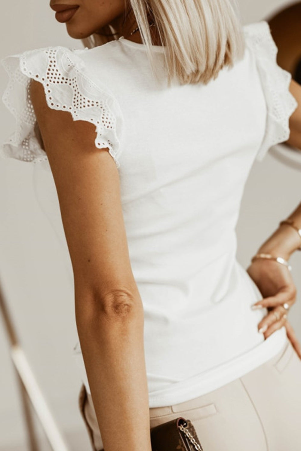 Lace Splice Ruffle Eyelet Flutter Sleeve Top