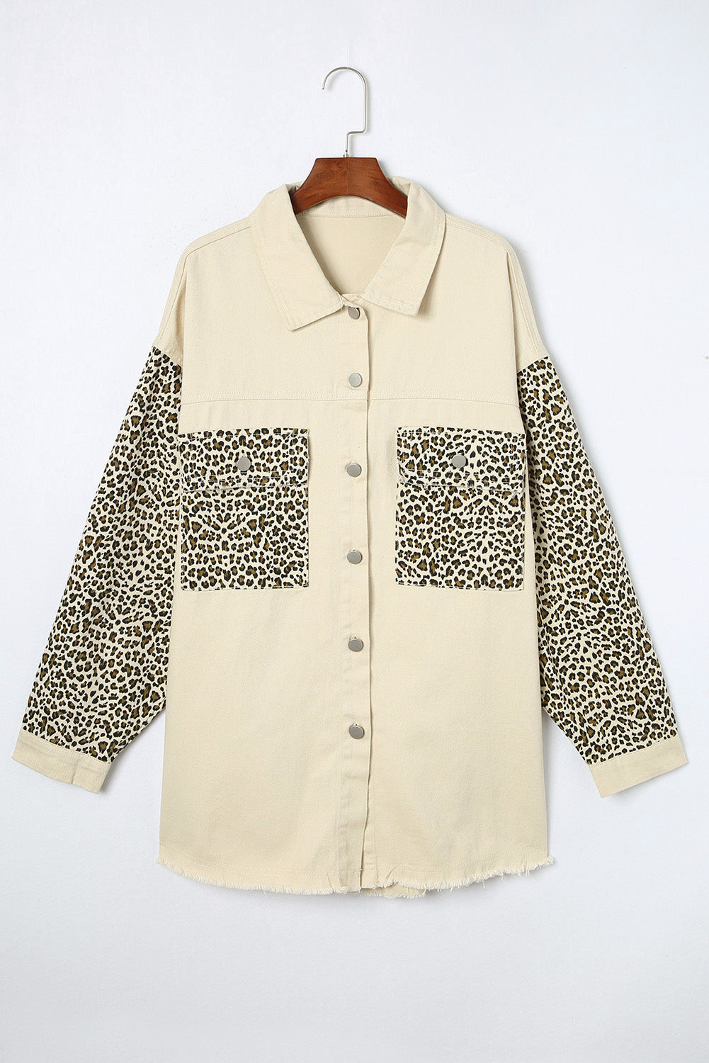 Plus Size Leopard Sleeve Raw Hem Denim Jacket