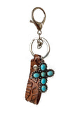 Vintage Embossed Turquoise Leather Key Chain