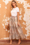 Boho Flower Print Smocked Waist Button Slit Maxi Skirt