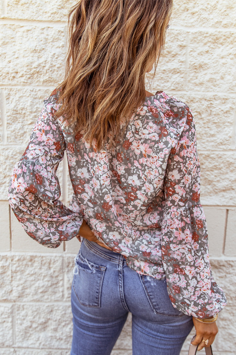 Green Floral Print V Neck Long Puff Sleeve Top