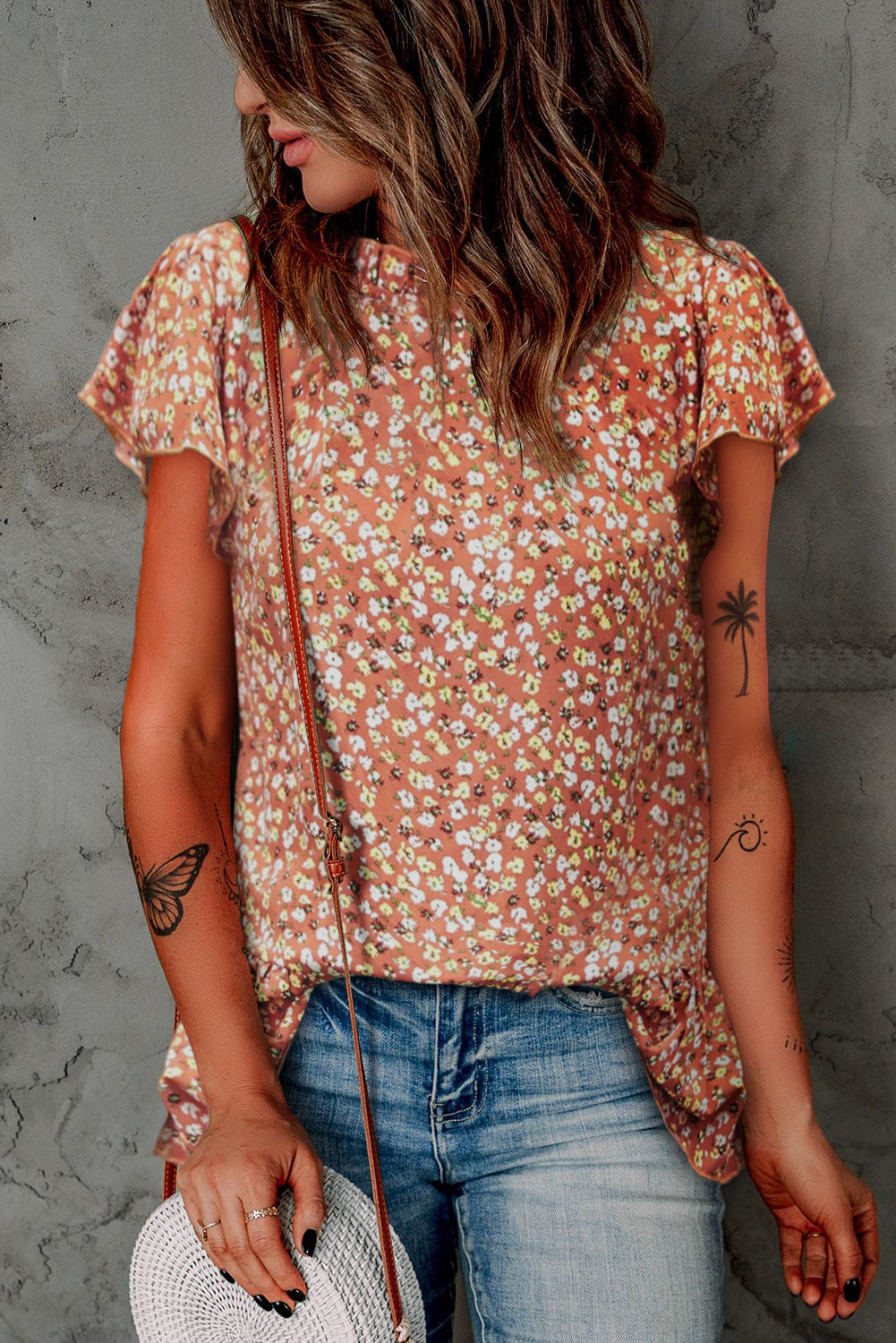 Frilled Neck Flutter Floral Blouse