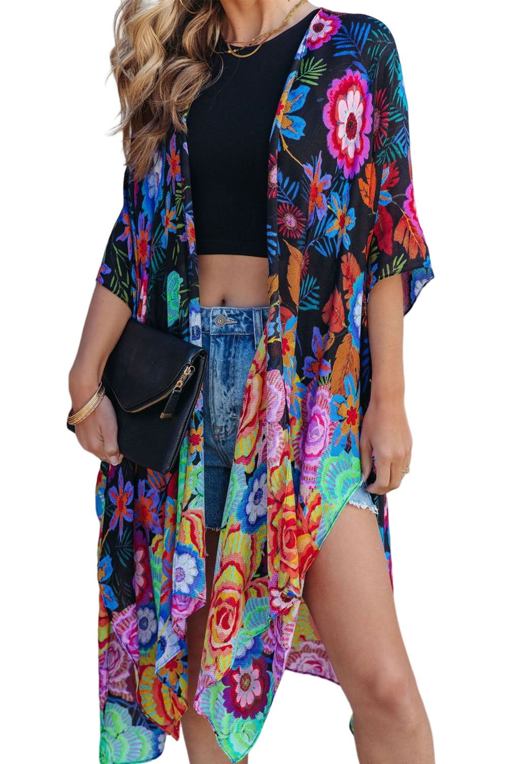 Kimono multicolore bohème imprimé floral à manches mi-longues ouvert sur le devant 