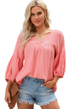 Textured V Neck Bracelet Sleeve Babydoll Blouse