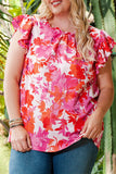 Blouse florale grande taille à col volanté et manches étagées à volants roses