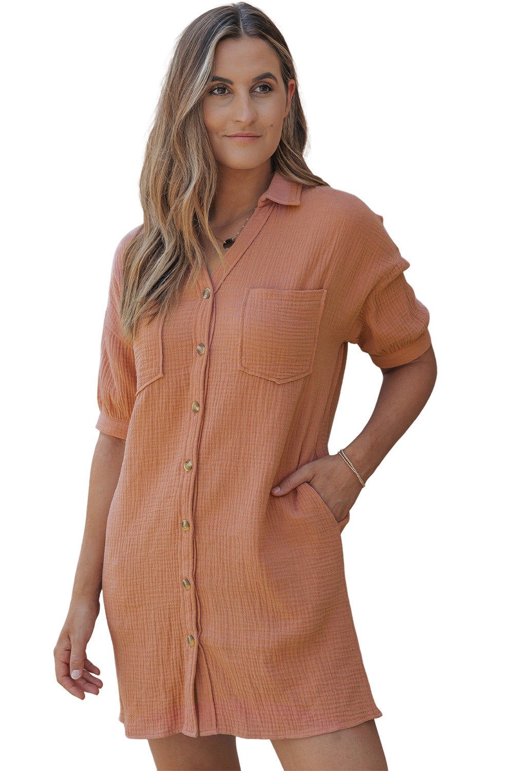 Crinkle Textured Joint Bubble Sleeve Shirt Dress