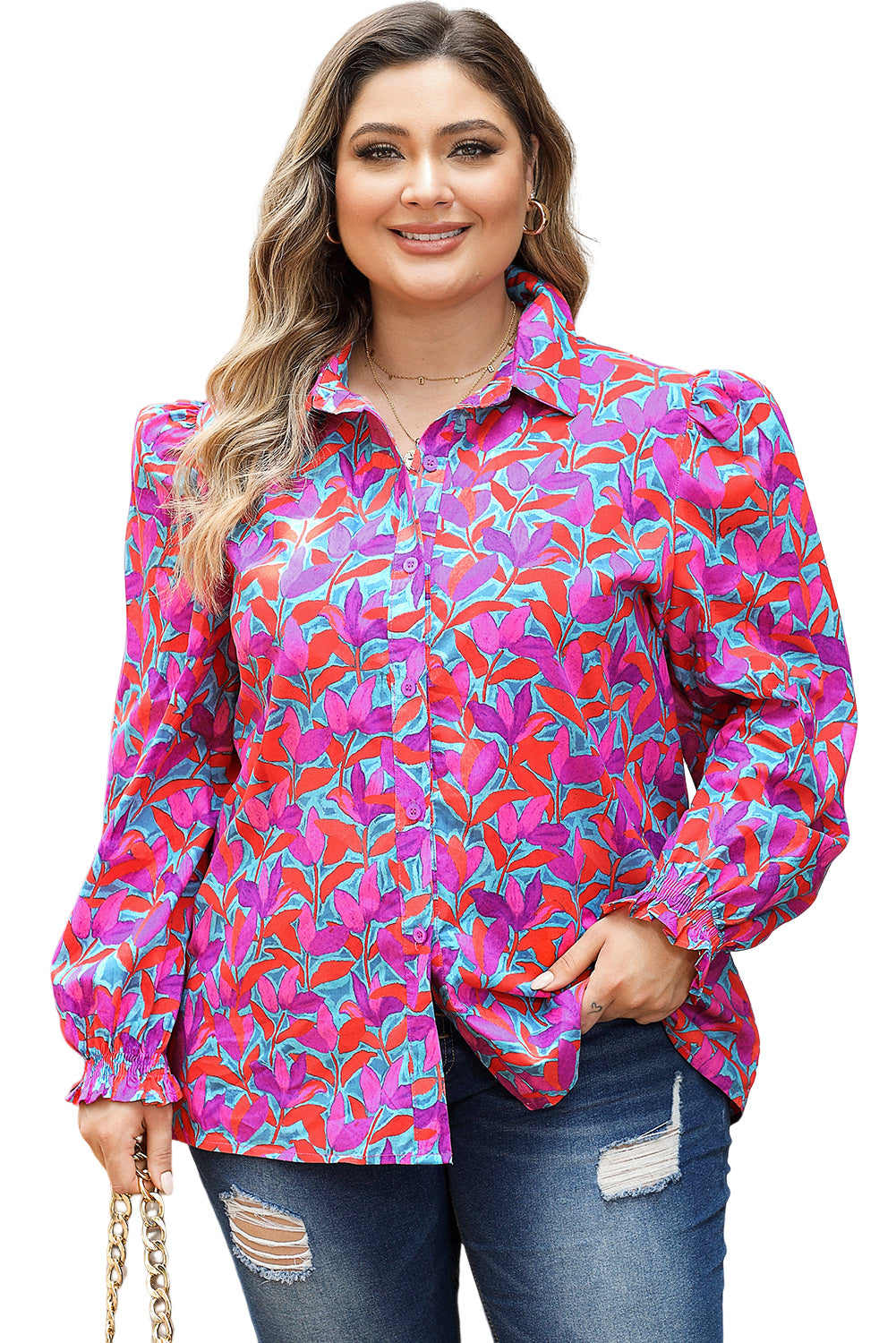 Plus Size Floral Print Ruffled Puff Sleeve Shirt