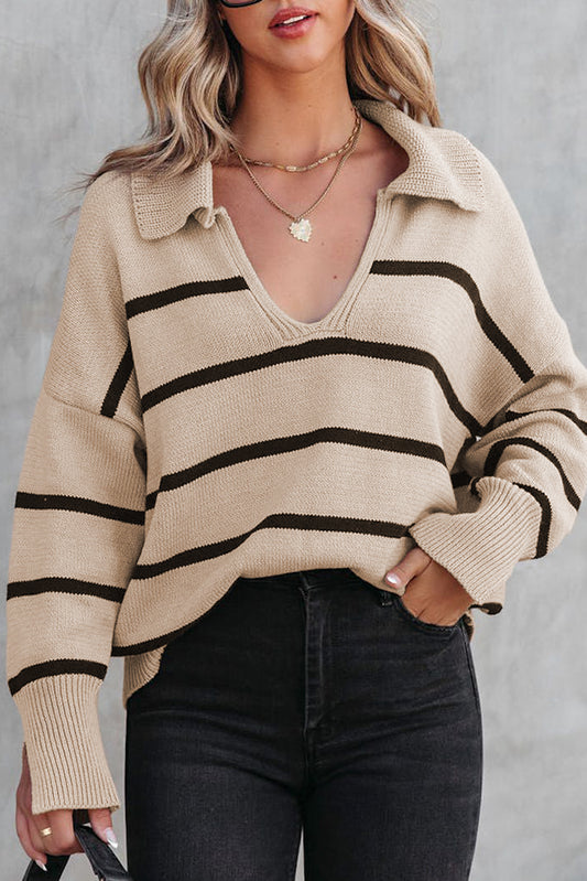 Striped Knit Collared Pullover Sweater