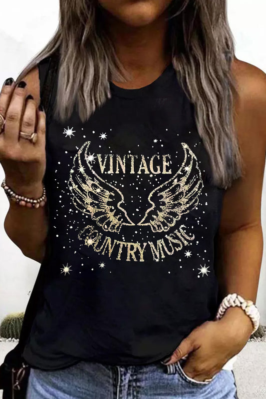 Vintage Country Music Wing Glitter Print Tank Top