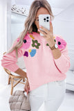 Light Blue Knitted Flower Pattern Ribbed Edge Sweater