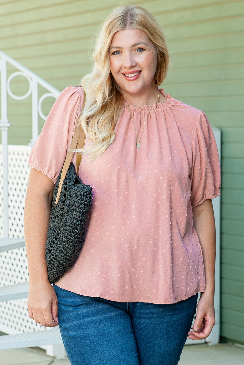 Plus Size Swiss Dot Puff Sleeves Top