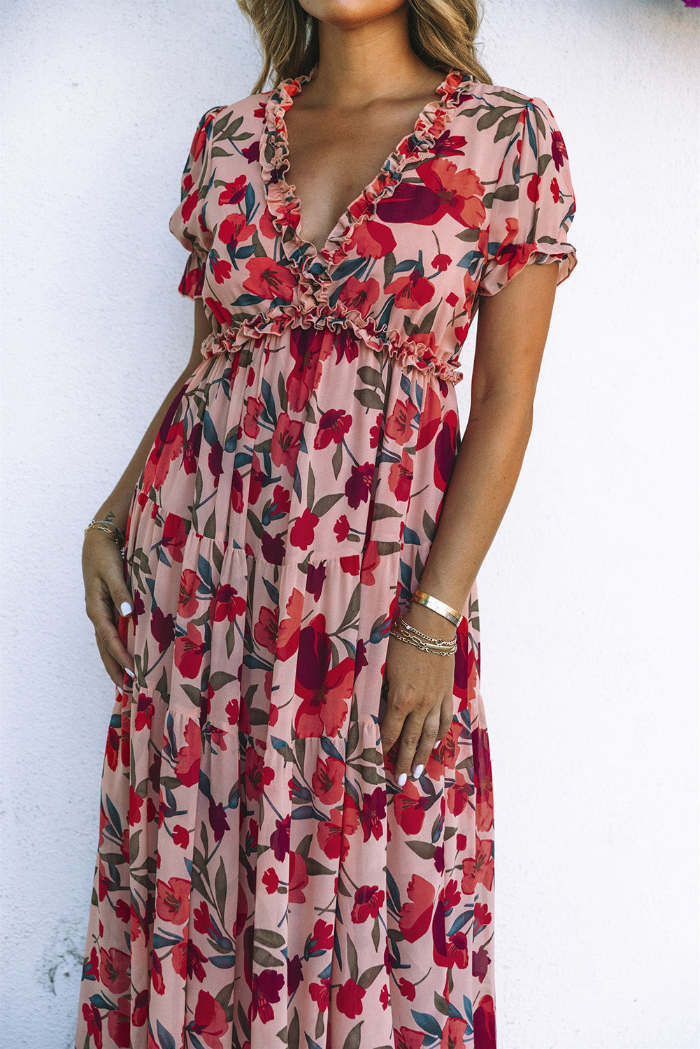 Floral Print Frilled V Neck Short Sleeve Maxi Dress