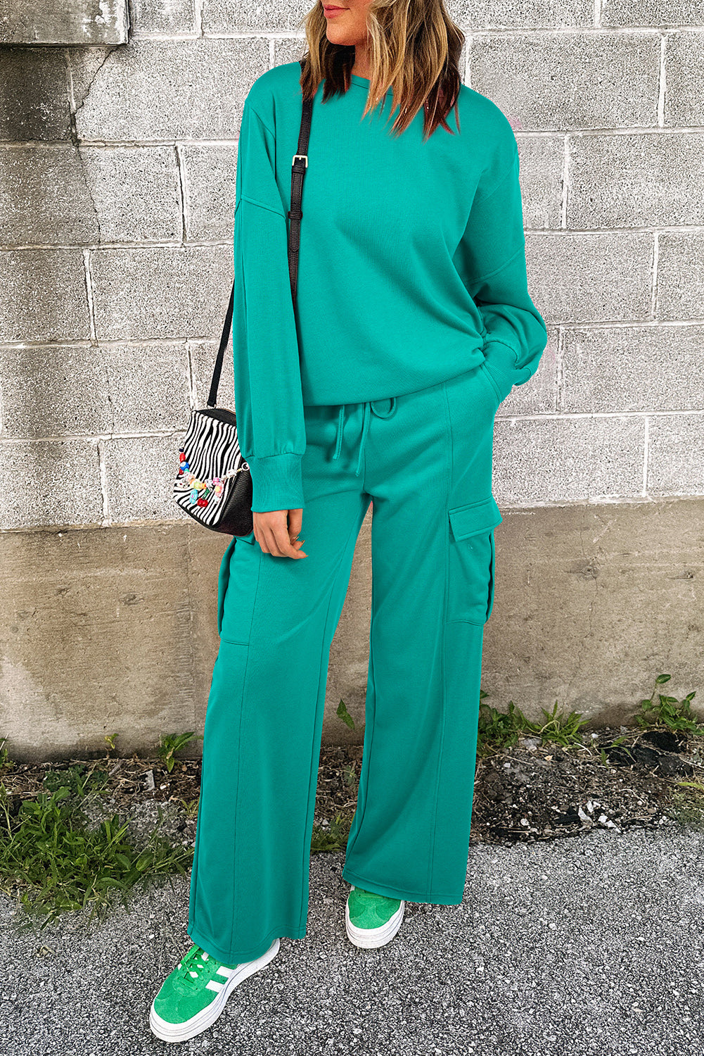 Solid Color Pullover Top and Cargo Pants Set