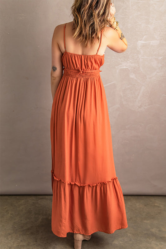 Ruffled Cut-out Spaghetti Strap Sleeveless Long Dress