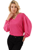 Rose Waffle Knit Balloon Sleeve Splicing V Neck Top