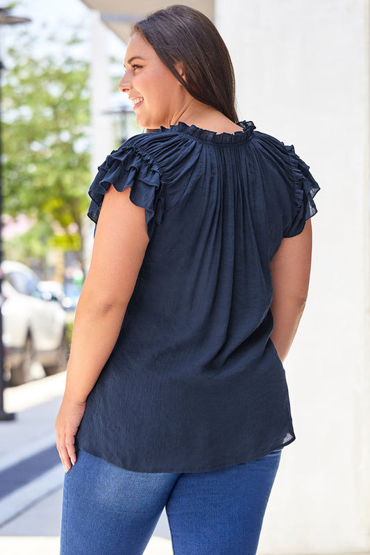 Blue Tiered Ruffled Sleeve Drawstring V Neck Plus Size Blouse