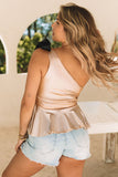 Velvet Bow Tie One Shoulder Peplum Tank Top