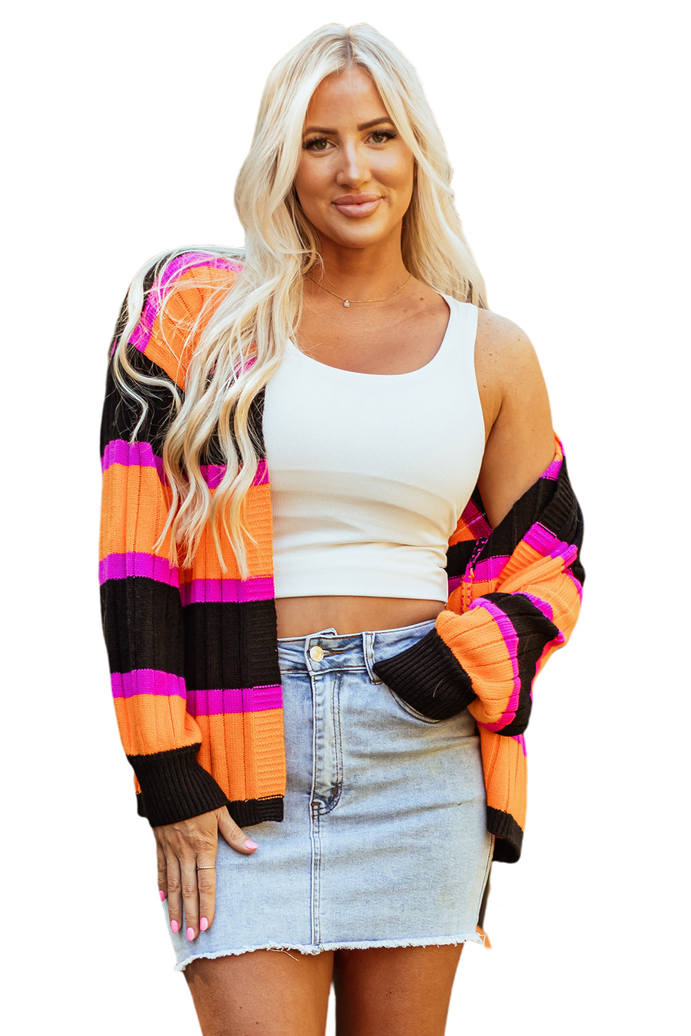 Striped Colorblock Drop Shoulder Slouchy Cardigan