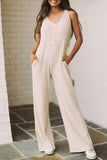 Sleeveless Buttoned Ribbed Wide Leg Jumpsuit with Pockets