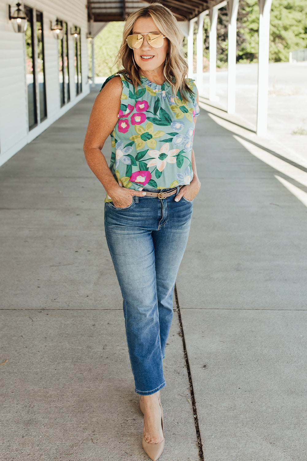 Floral Print Ruffle Trim Tank Top