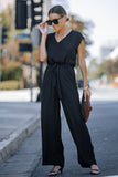 Sleeveless V Neck Belted Wide Leg Jumpsuit