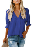 Solid Color Half Sleeve V Neck Blouse