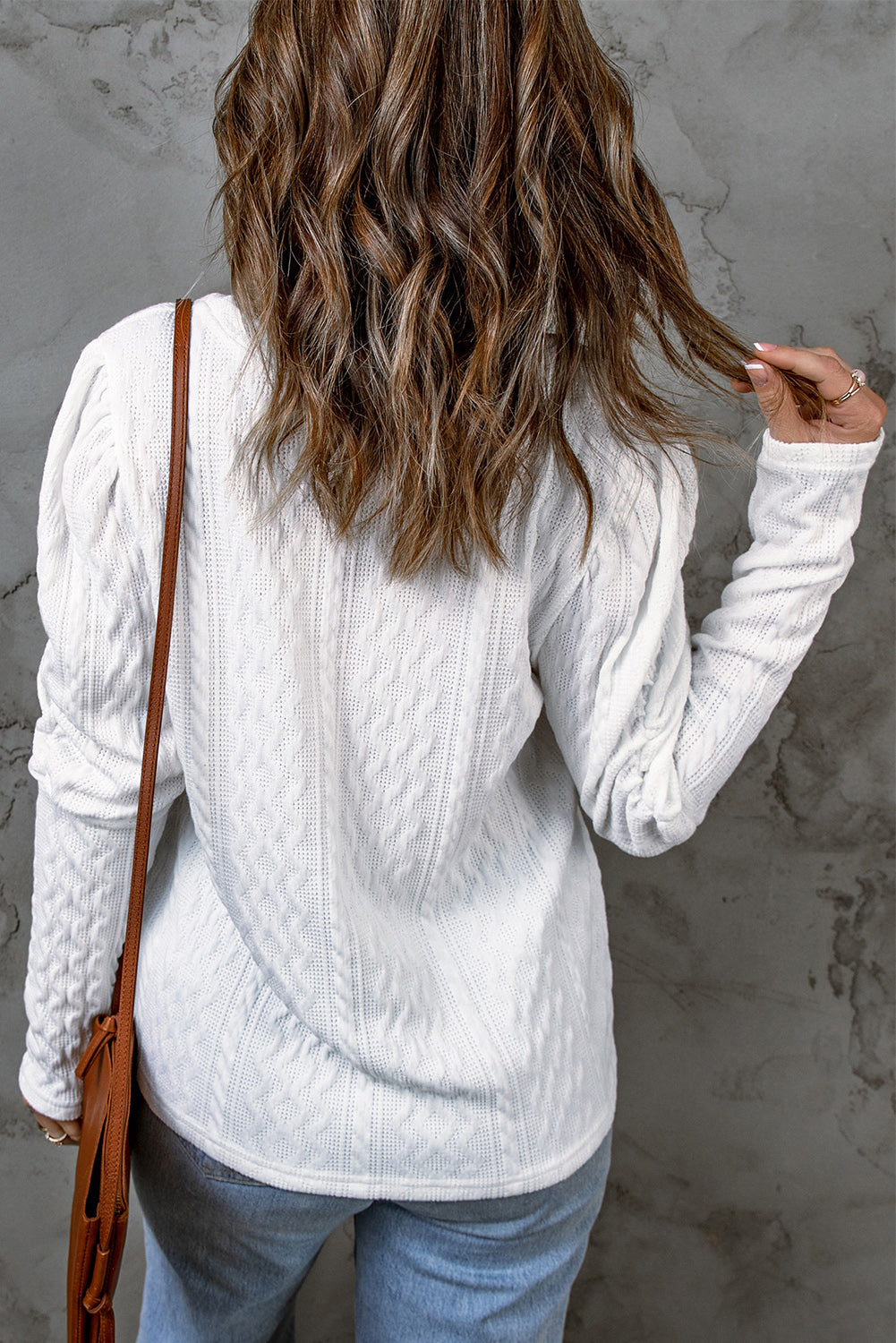 Solid Color Puffy Sleeve Textured Knit Top