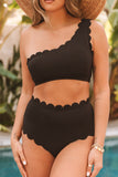 Solid Scalloped One-Shoulder Bikini