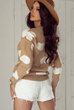 Khaki Contrast Heart Pattern Round Neck Sweater