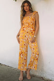 Floral Print Ruffle Shoulder Smocked Wide Leg Jumpsuit