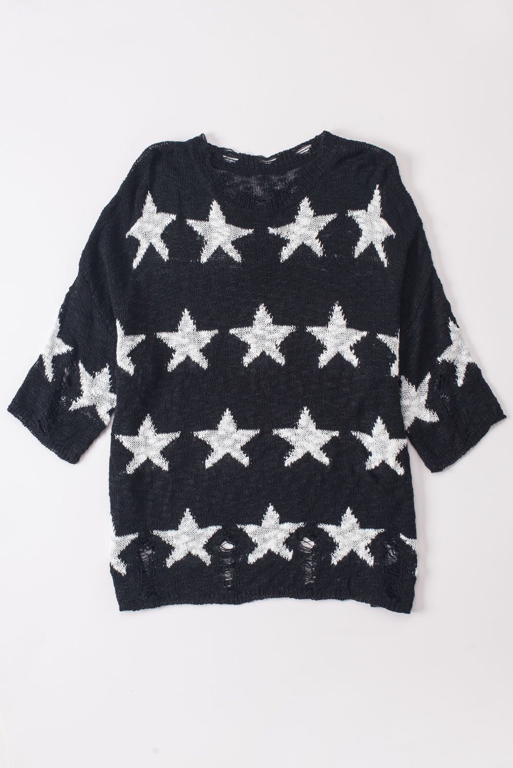 Star Print Half Sleeve Distressed Knit Top