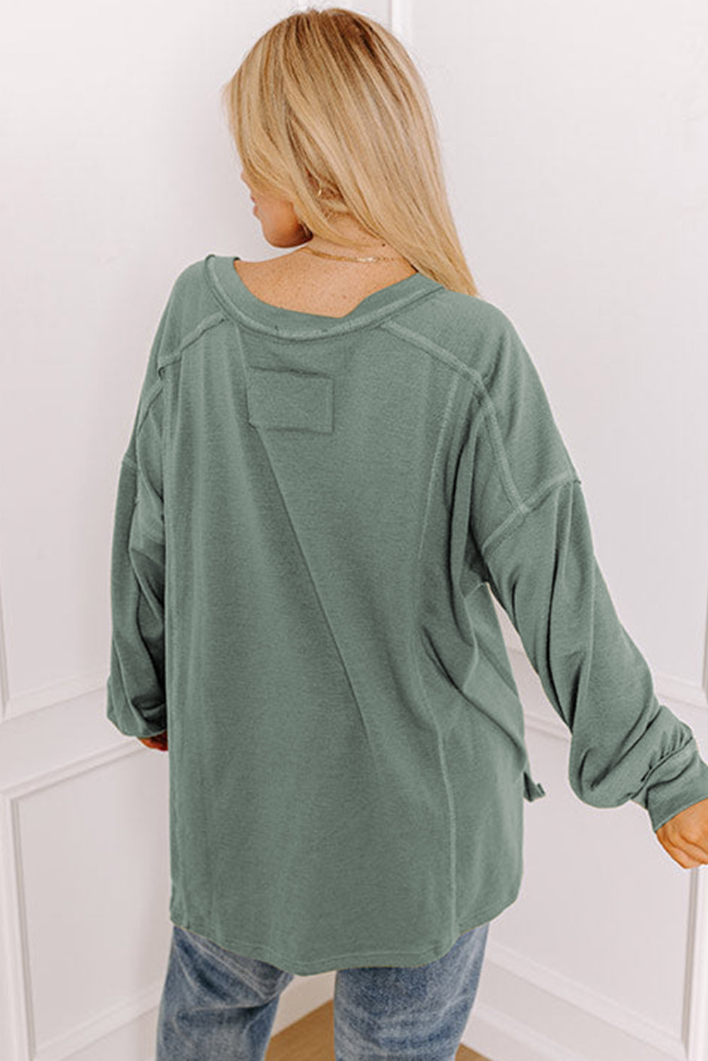 Seagrass Plus Size Exposed Seam Drop Shoulder Henley Top