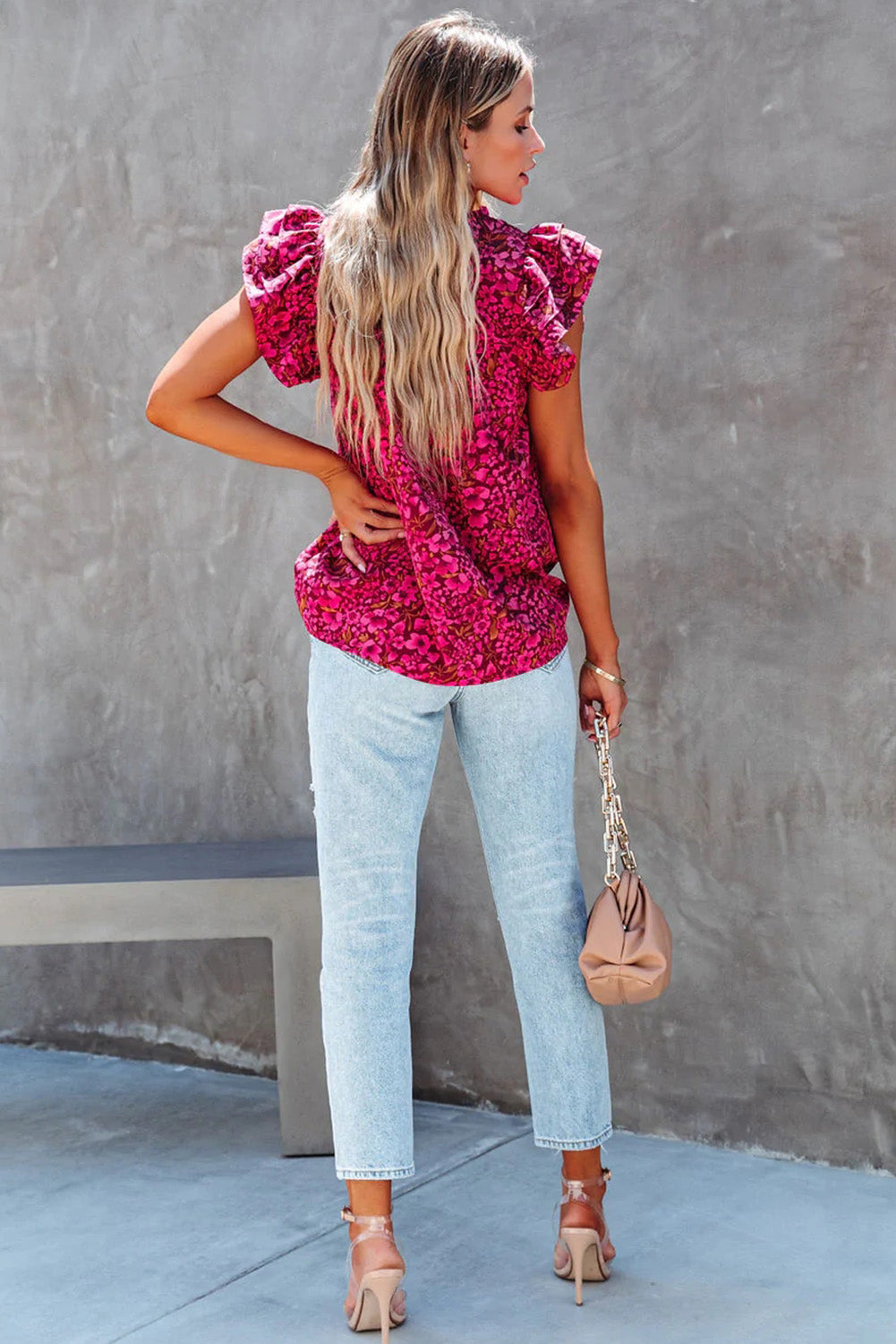 Floral Print Tiered Flutter Sleeve V Neck Top