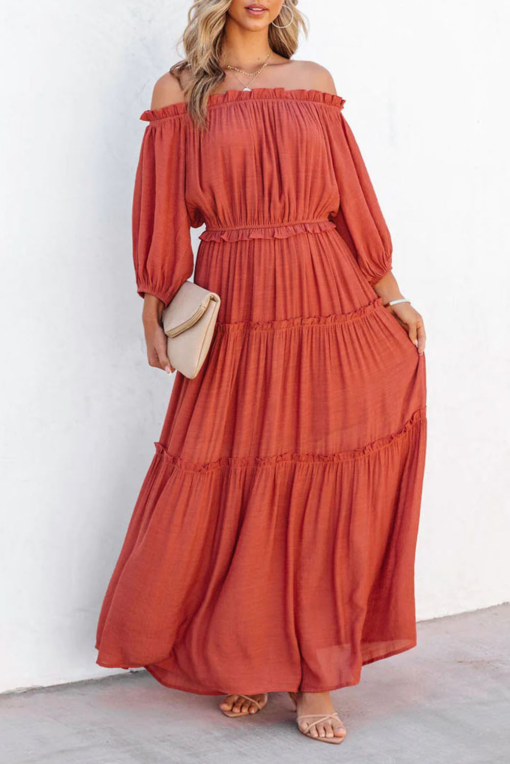 Off Shoulder Balloon Sleeve Cutout Ruffled Maxi Dress