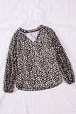 Green Floral Print V Neck Long Puff Sleeve Top