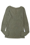 Loose Ribbed Knit V Neck Long Sleeve Top