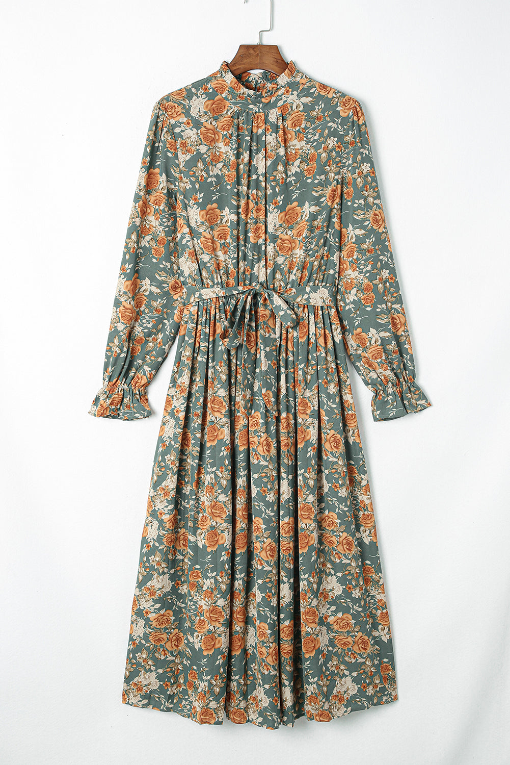 Pleated Long Sleeve Maxi Floral Dress with Tie