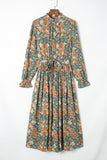 Pleated Long Sleeve Maxi Floral Dress with Tie