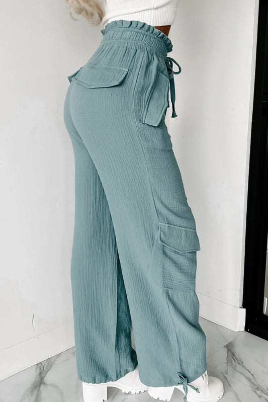 Frill Drawstring Waist Crinkle Cargo Pants