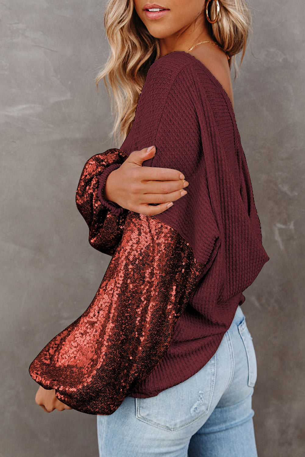 Sequin Patchwork Sleeve Open Back Waffle Knit Top