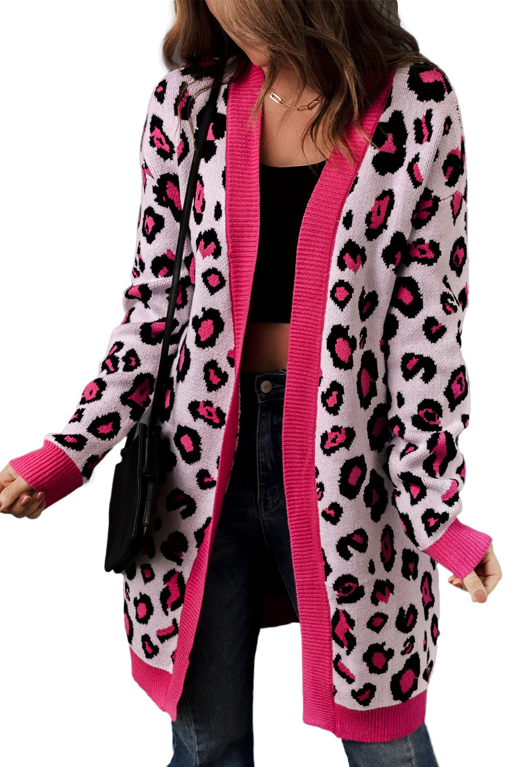 Leopard Ribbed Trim Knitted Open Front Long Cardigan