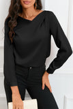 Solid Asymmetric V Neck Long Sleeve Satin Blouse