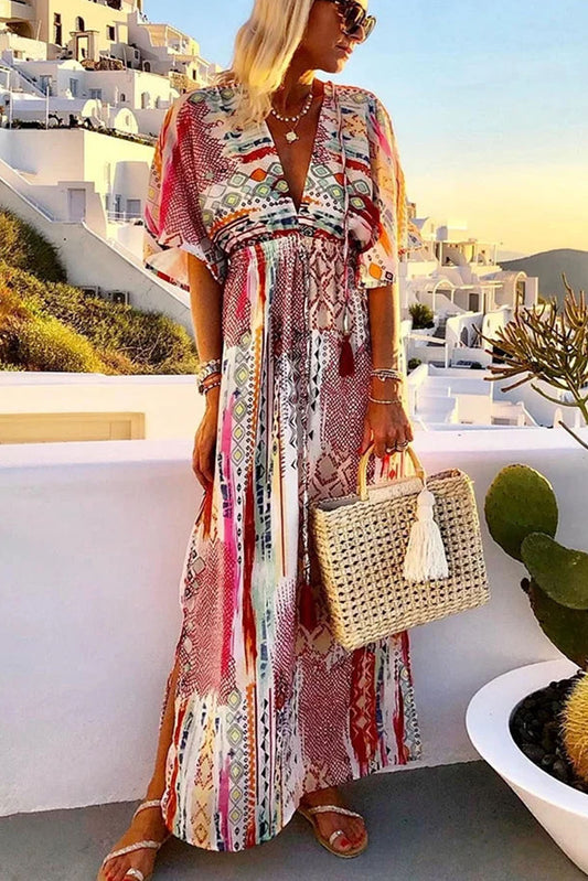 Boho Vacation Mixed Print Deep V Maxi Dress