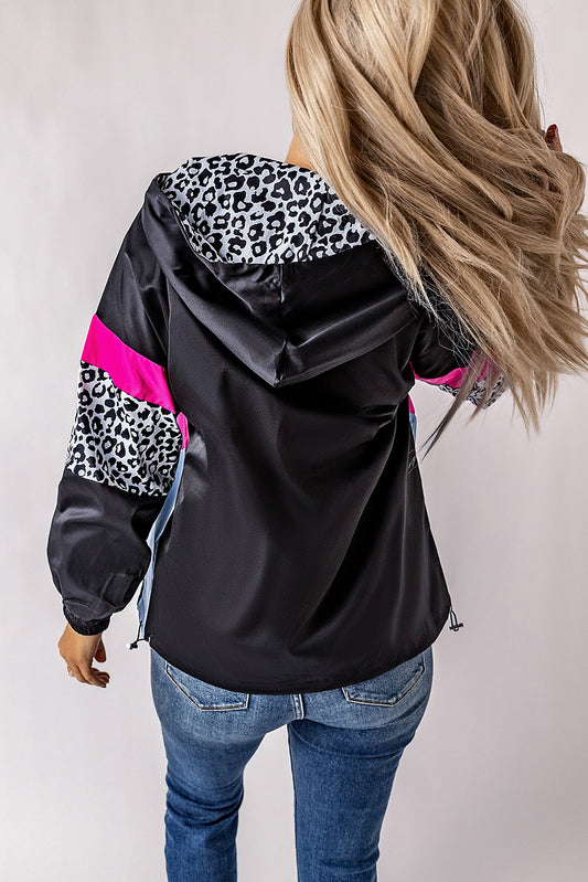 Black Leopard Color Block Pockets Zip-up Hooded Jacket