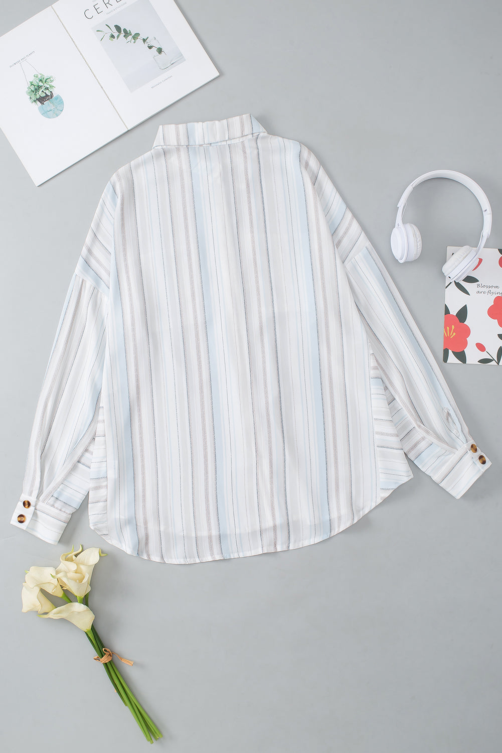 Stripe Oversized Chest Pockets Puff Sleeve High Low Shirt