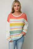 Hollow Striped Knit Contrast Sleeve Sweater