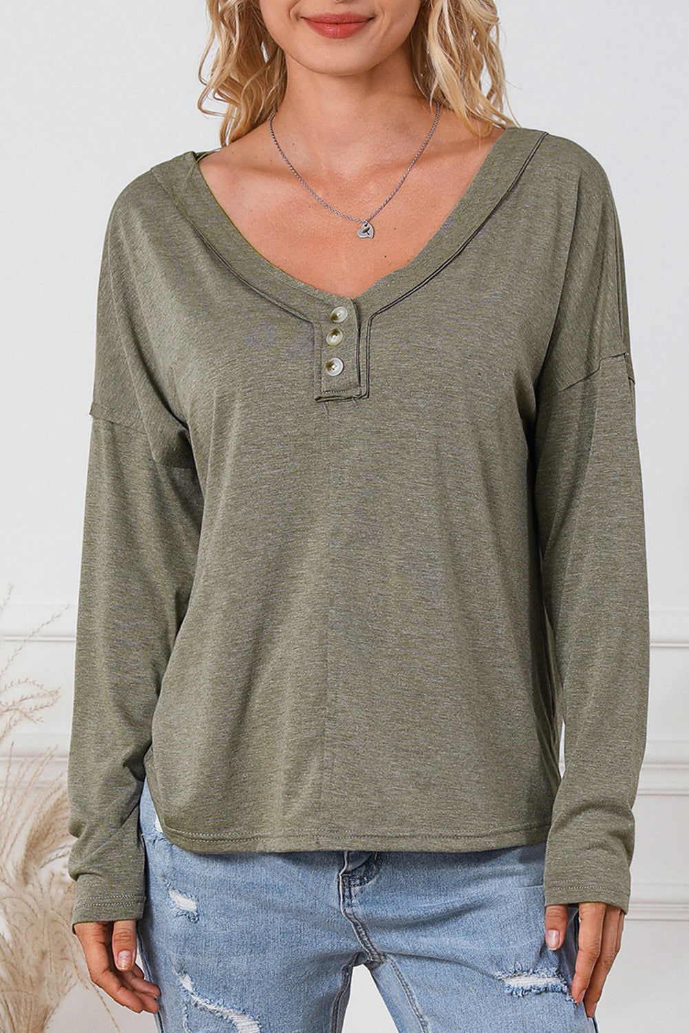 Long Sleeve V-Neck Stitching Henley Top